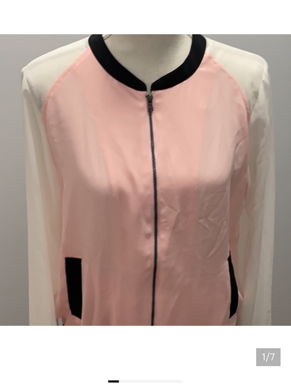 Women's Pink and White Bomber Jacket with Black Trim